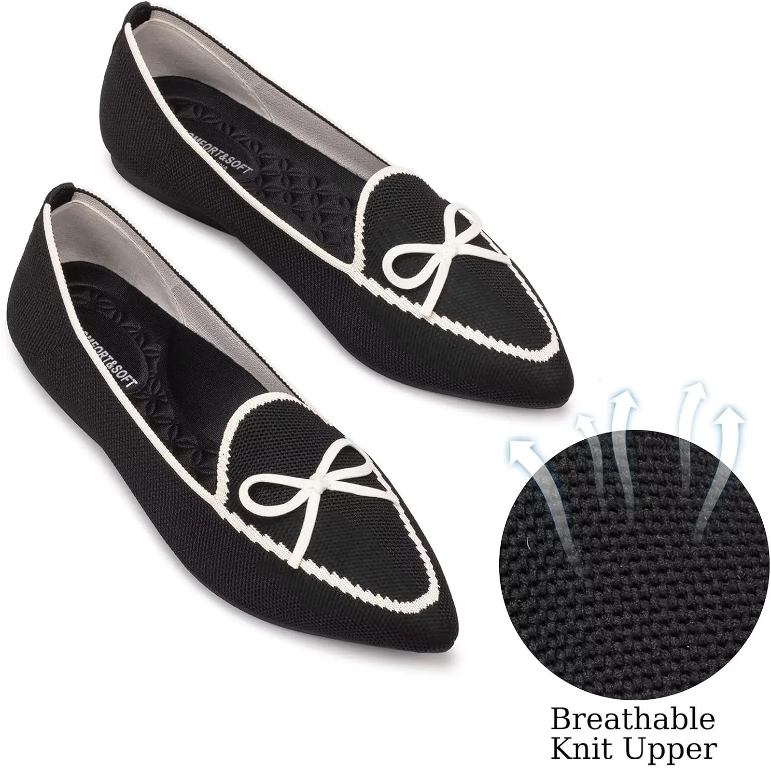 BEJINASH Women's Loafer Flats Casual Knit Fabric Lightweight Dressy Shoes Washable Elegant Pointed-Toe lace-up Bow Shoes Comfortable Ballet Shoes for Women Perfect for Daily