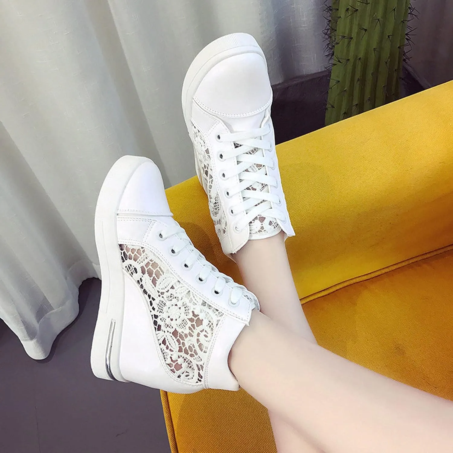 Cathalem Orthopedic Shoes for Women, Ladies Hidden Heel Sneakers Lace Up Shoes High Top Sneakers Fashion Canvas Shoes