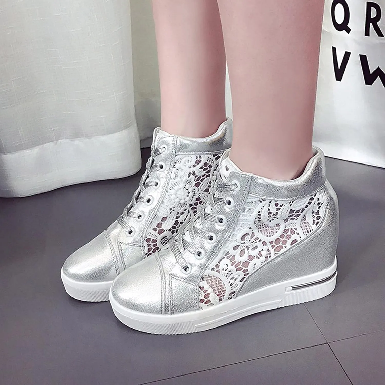 Cathalem Orthopedic Shoes for Women, Ladies Hidden Heel Sneakers Lace Up Shoes High Top Sneakers Fashion Canvas Shoes