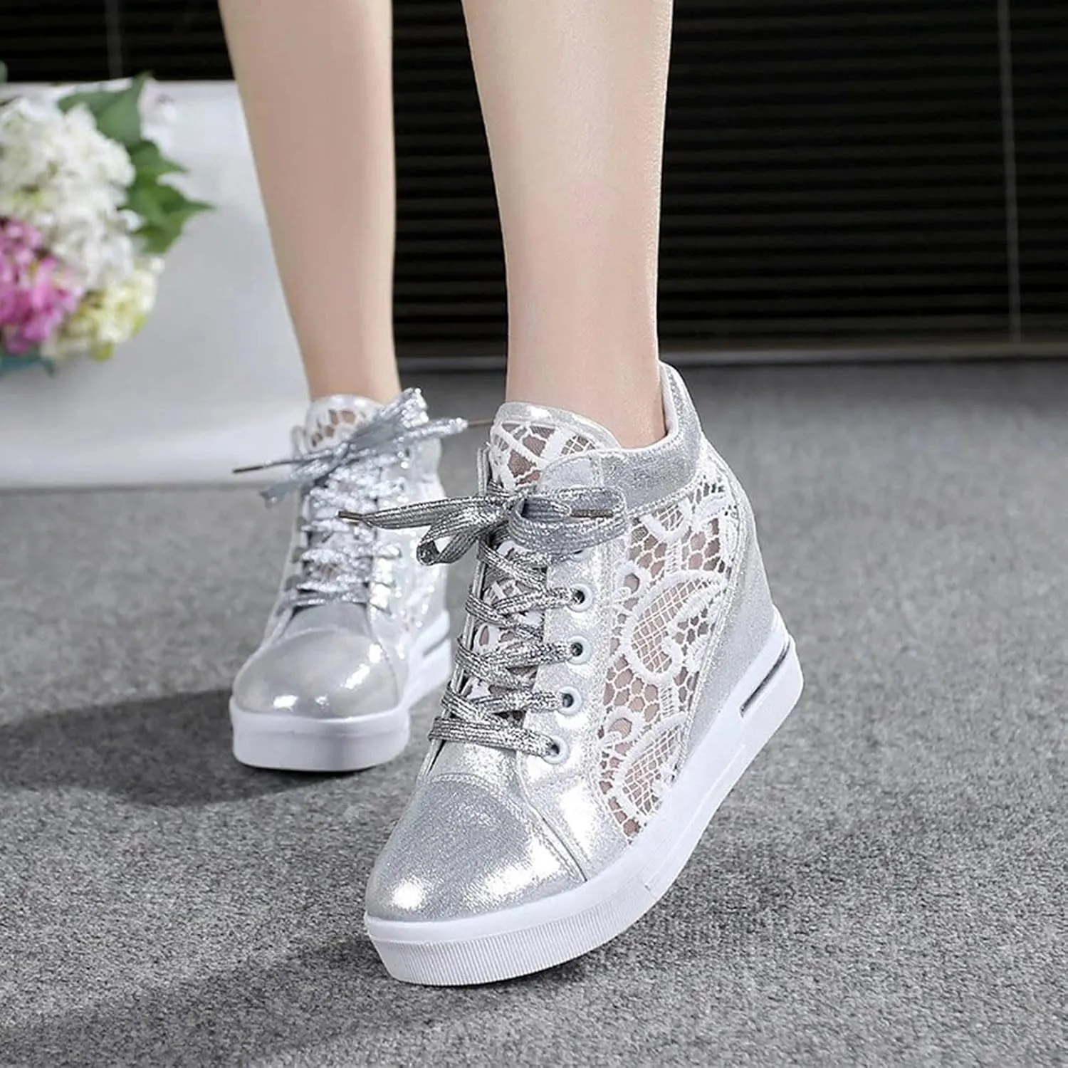 Cathalem Orthopedic Shoes for Women, Ladies Hidden Heel Sneakers Lace Up Shoes High Top Sneakers Fashion Canvas Shoes
