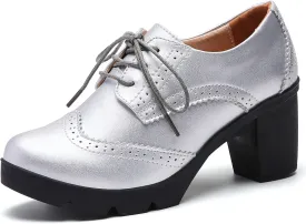 DADAWEN Women's Leather Classic Lace Up Platform Chunky Mid-Heel Square Toe Oxfords Dress Pump Shoes