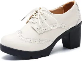 DADAWEN Women's Leather Classic Lace Up Platform Chunky Mid-Heel Square Toe Oxfords Dress Pump Shoes