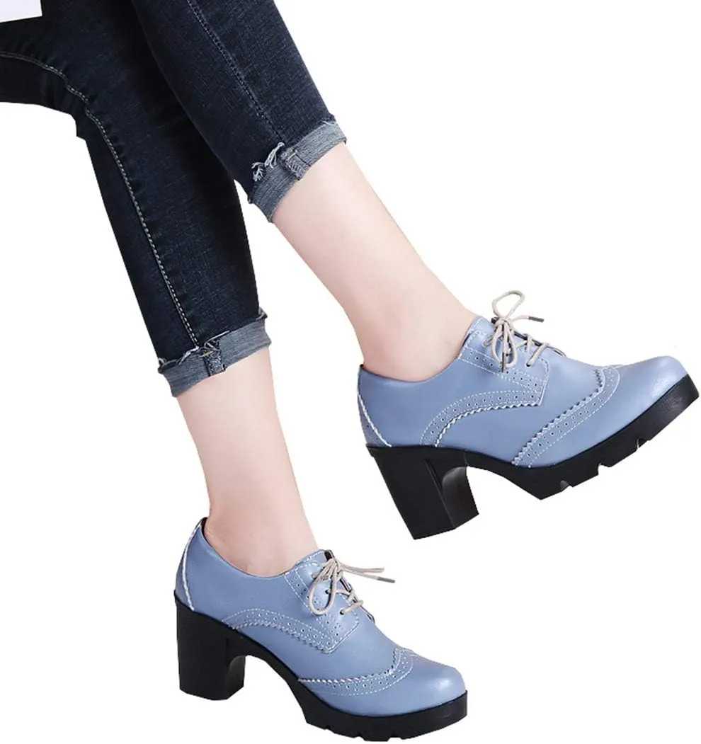 DADAWEN Women's Leather Classic Lace Up Platform Chunky Mid-Heel Square Toe Oxfords Dress Pump Shoes