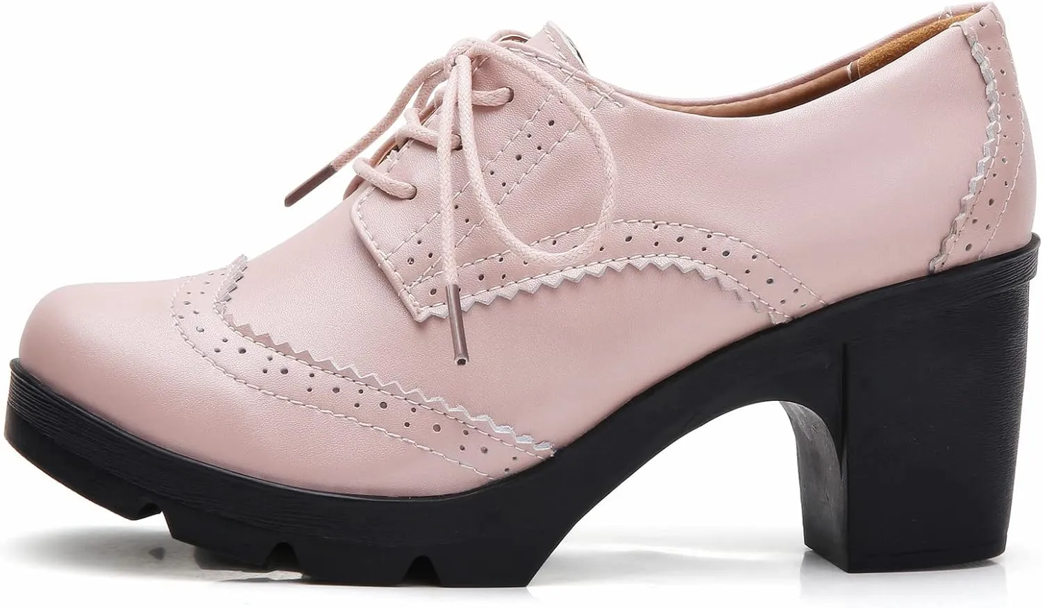 DADAWEN Women's Leather Classic Lace Up Platform Chunky Mid-Heel Square Toe Oxfords Dress Pump Shoes