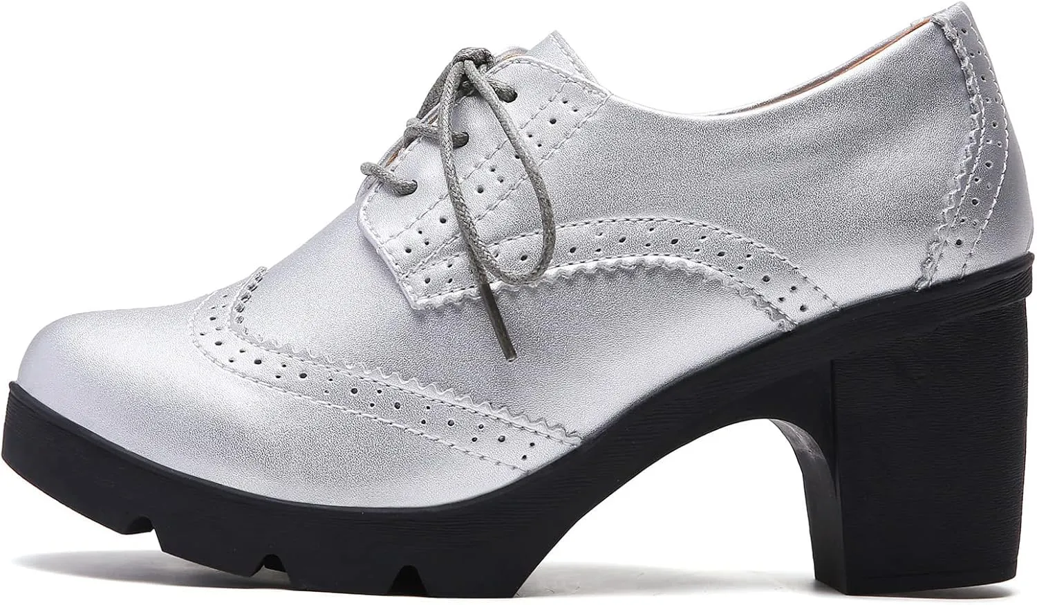 DADAWEN Women's Leather Classic Lace Up Platform Chunky Mid-Heel Square Toe Oxfords Dress Pump Shoes