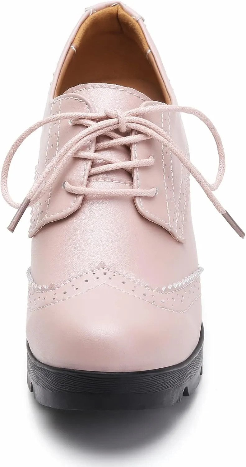 DADAWEN Women's Leather Classic Lace Up Platform Chunky Mid-Heel Square Toe Oxfords Dress Pump Shoes