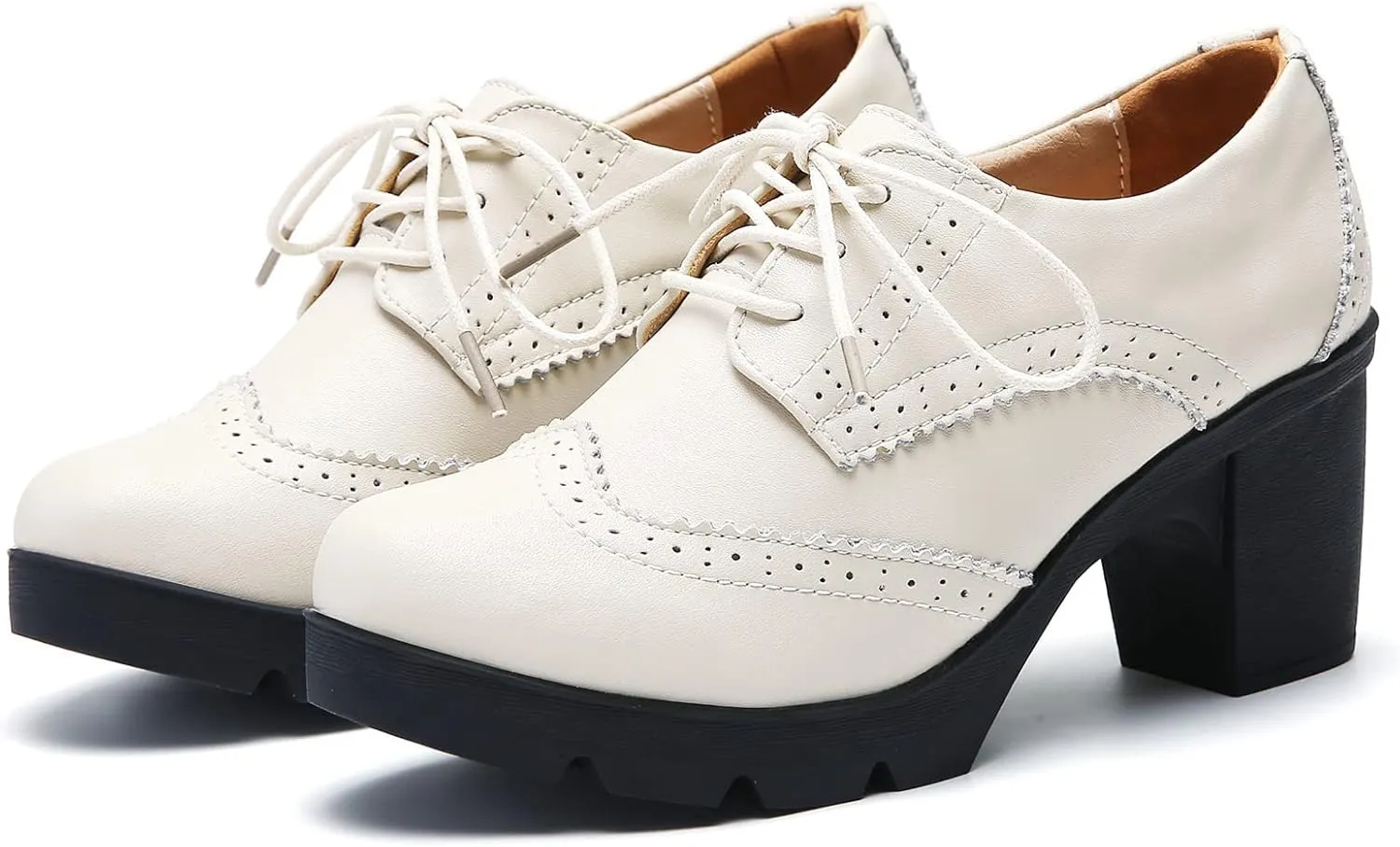 DADAWEN Women's Leather Classic Lace Up Platform Chunky Mid-Heel Square Toe Oxfords Dress Pump Shoes