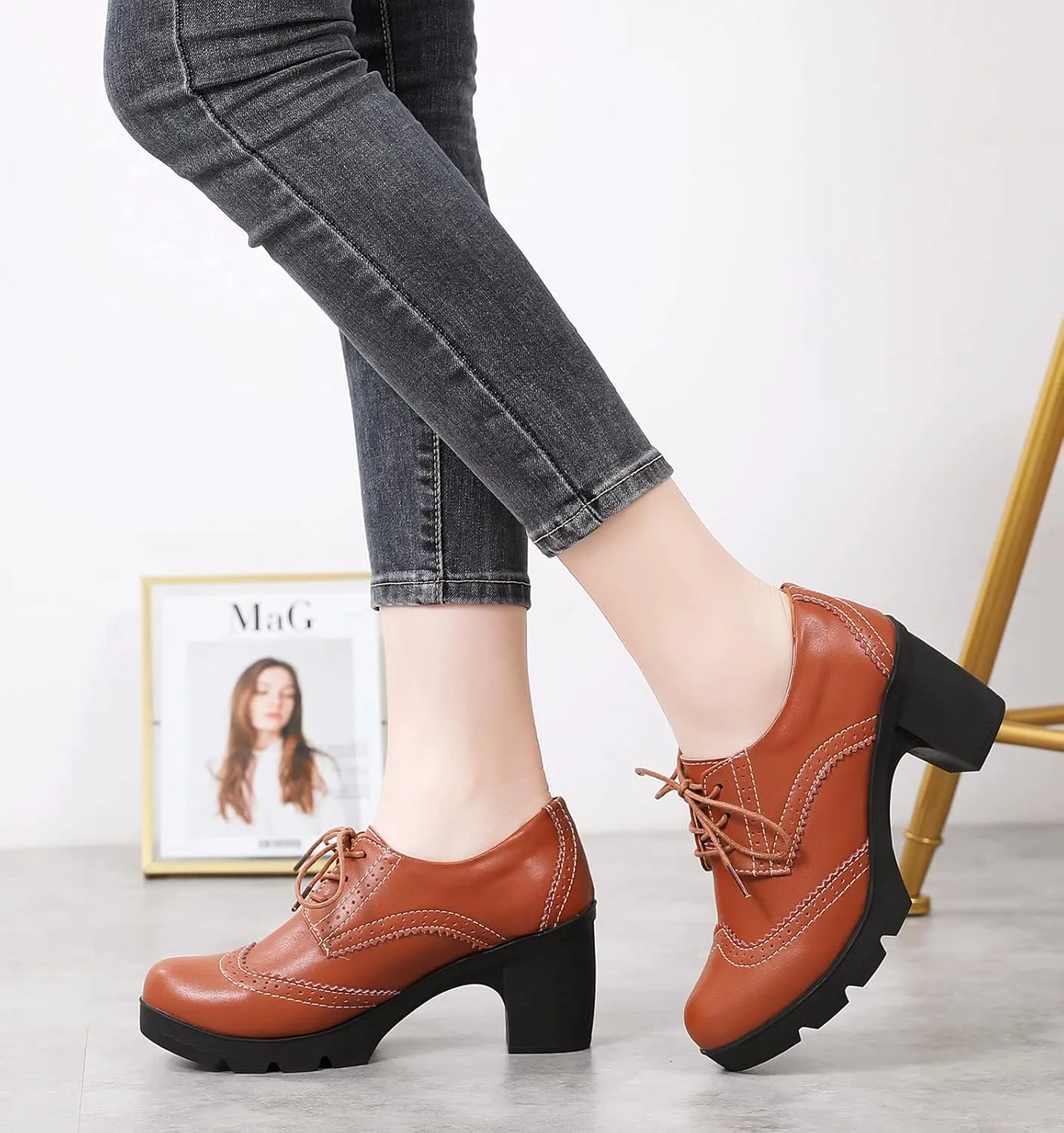 DADAWEN Women's Leather Classic Lace Up Platform Chunky Mid-Heel Square Toe Oxfords Dress Pump Shoes