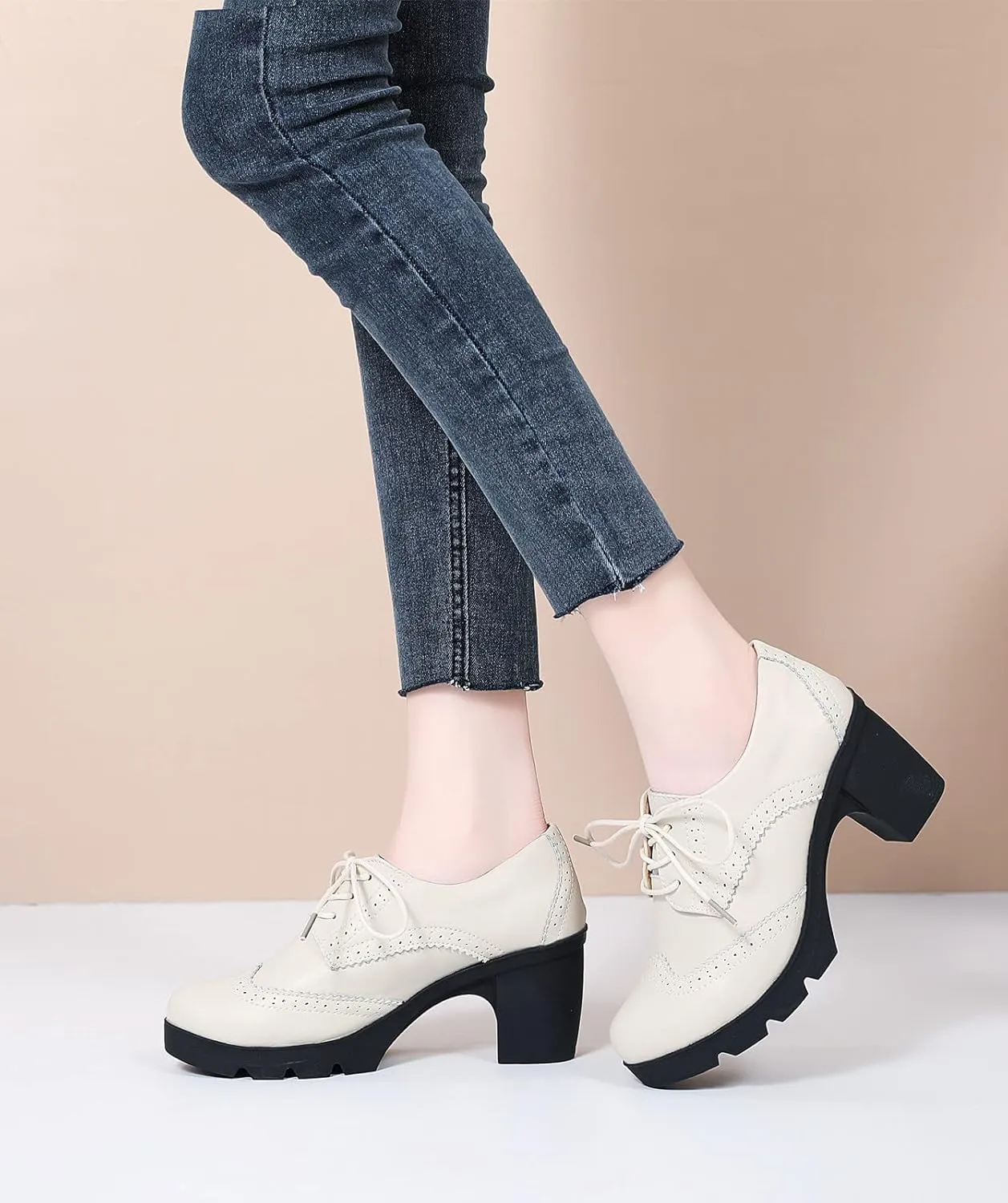 DADAWEN Women's Leather Classic Lace Up Platform Chunky Mid-Heel Square Toe Oxfords Dress Pump Shoes