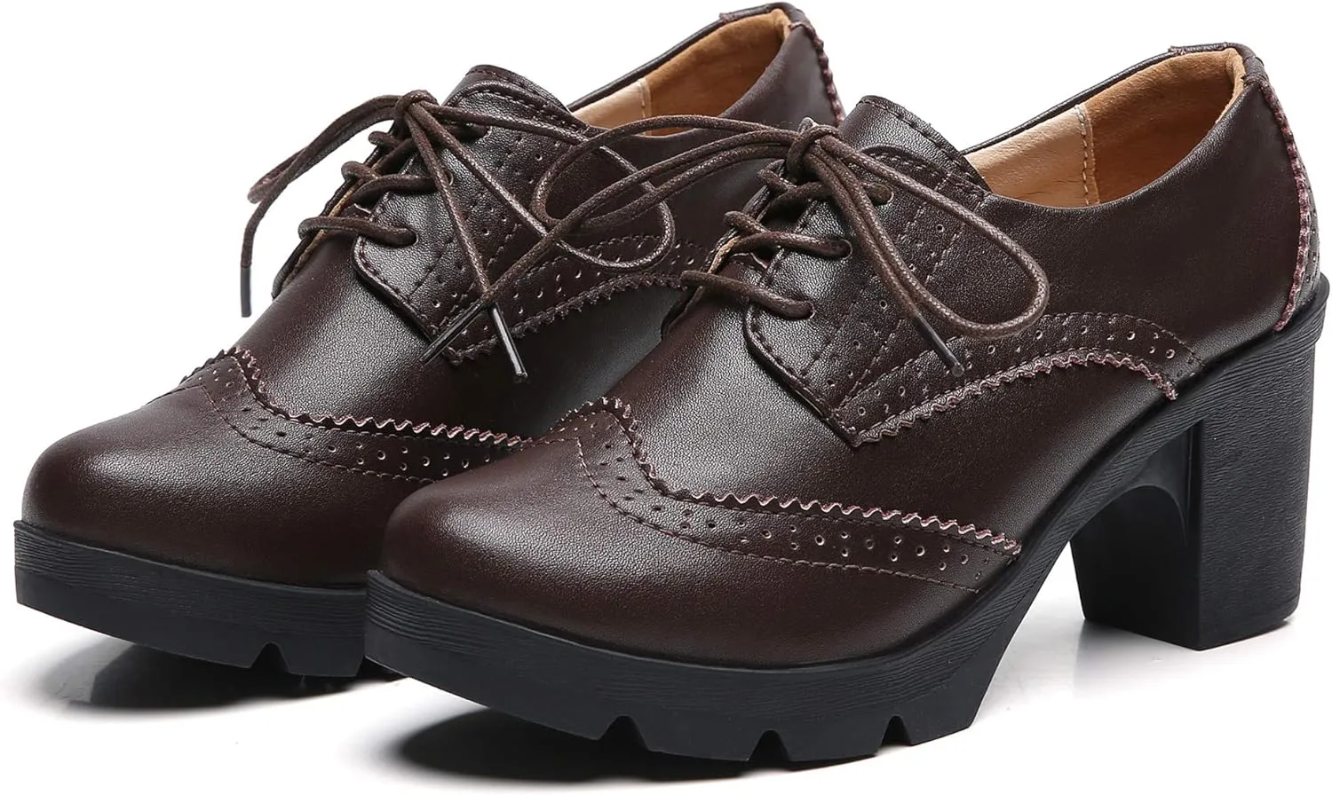DADAWEN Women's Leather Classic Lace Up Platform Chunky Mid-Heel Square Toe Oxfords Dress Pump Shoes