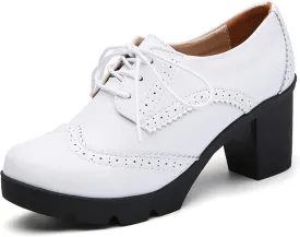 DADAWEN Women's Leather Classic Lace Up Platform Chunky Mid-Heel Square Toe Oxfords Dress Pump Shoes