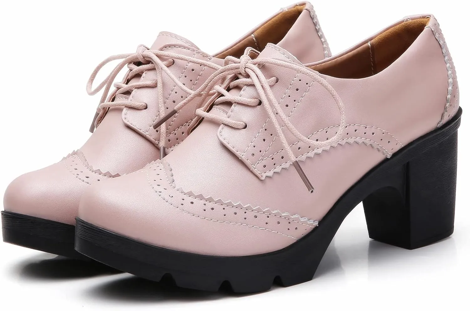 DADAWEN Women's Leather Classic Lace Up Platform Chunky Mid-Heel Square Toe Oxfords Dress Pump Shoes