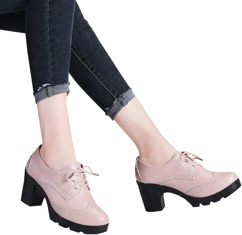 DADAWEN Women's Leather Classic Lace Up Platform Chunky Mid-Heel Square Toe Oxfords Dress Pump Shoes