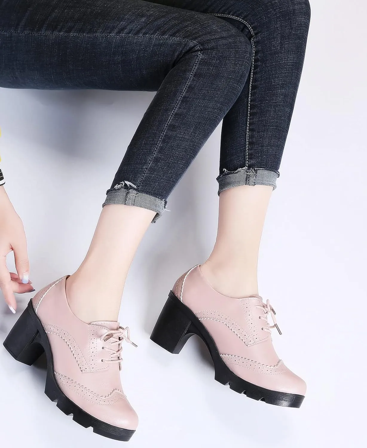 DADAWEN Women's Leather Classic Lace Up Platform Chunky Mid-Heel Square Toe Oxfords Dress Pump Shoes