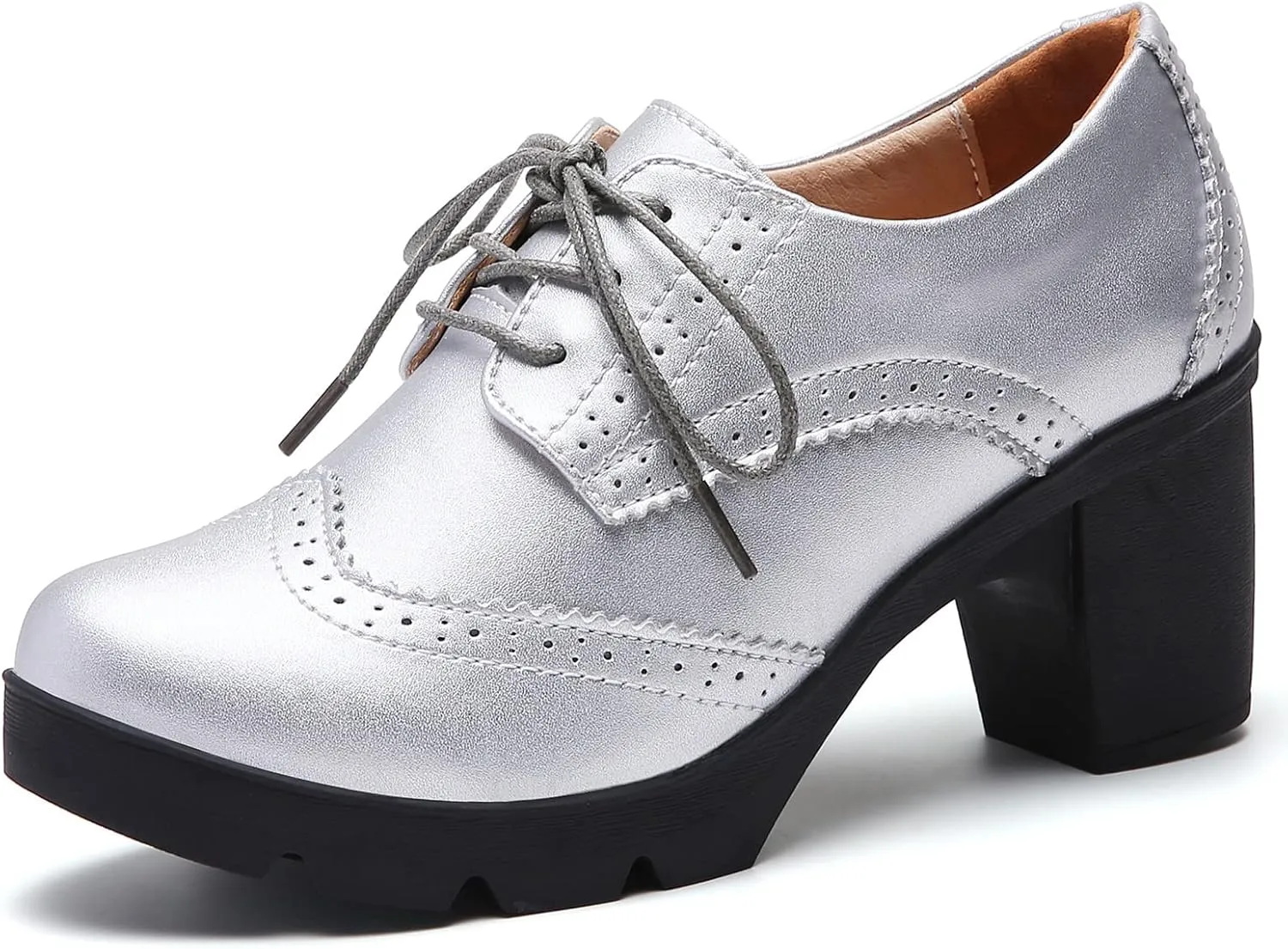 DADAWEN Women's Leather Classic Lace Up Platform Chunky Mid-Heel Square Toe Oxfords Dress Pump Shoes