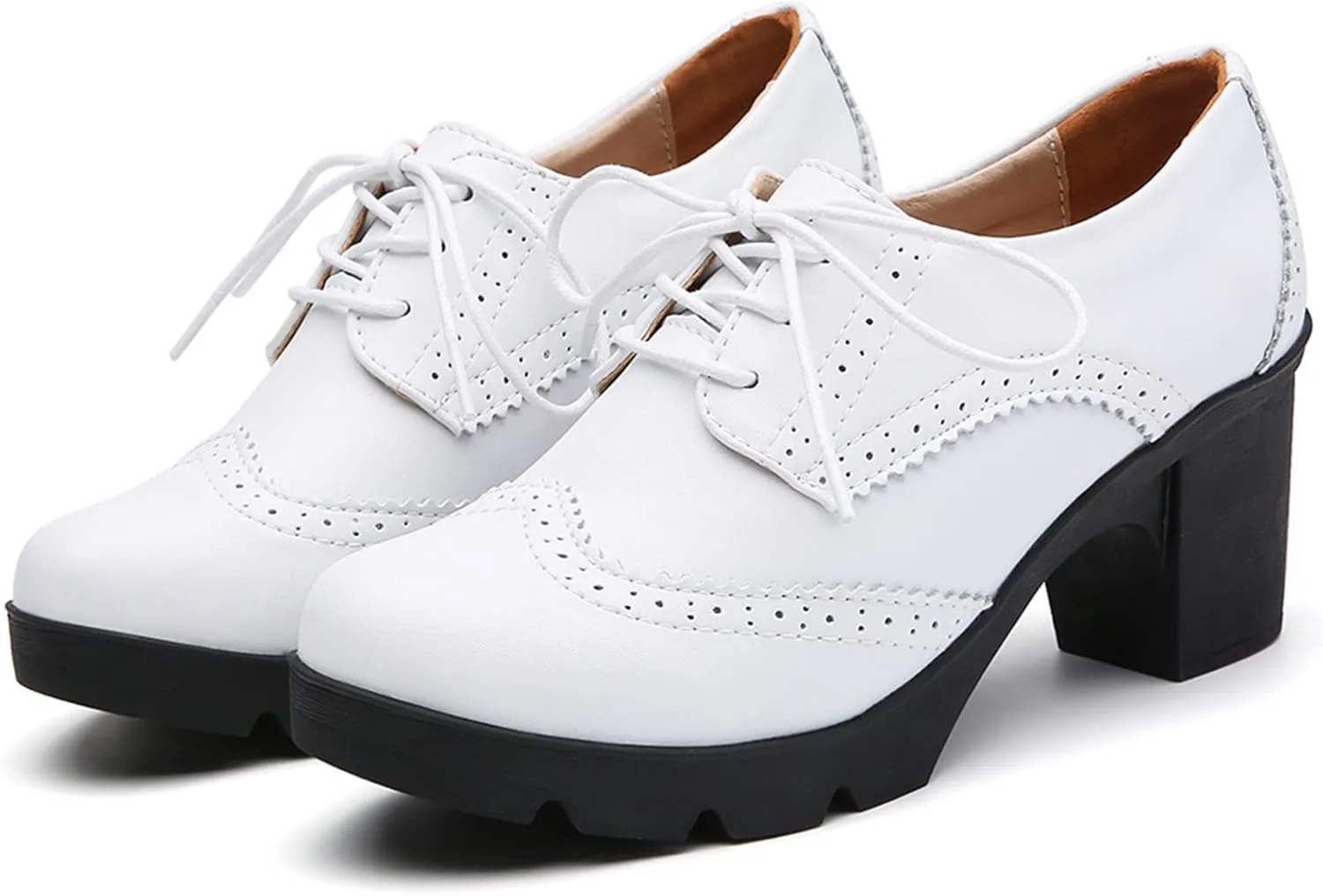 DADAWEN Women's Leather Classic Lace Up Platform Chunky Mid-Heel Square Toe Oxfords Dress Pump Shoes