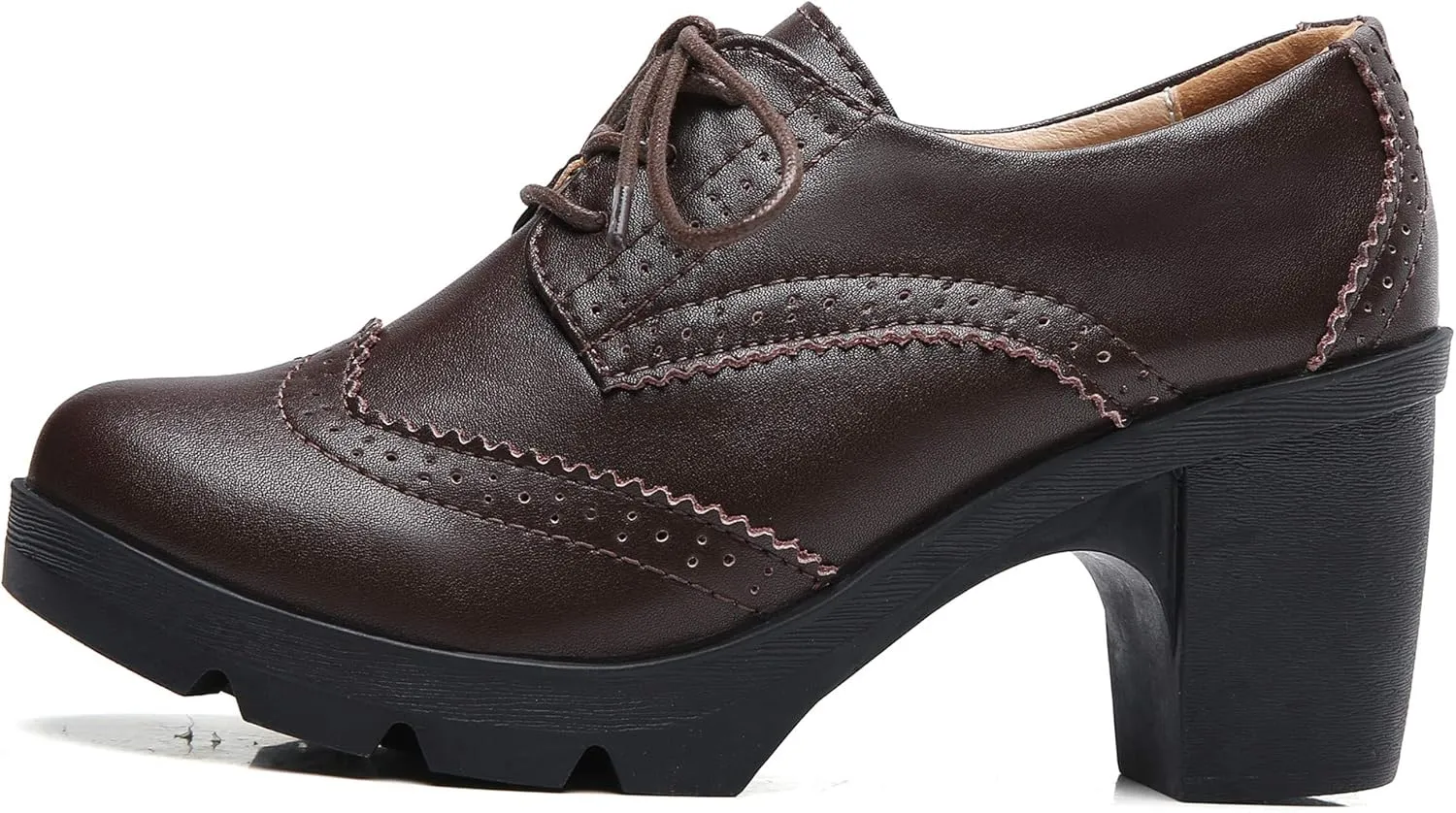 DADAWEN Women's Leather Classic Lace Up Platform Chunky Mid-Heel Square Toe Oxfords Dress Pump Shoes
