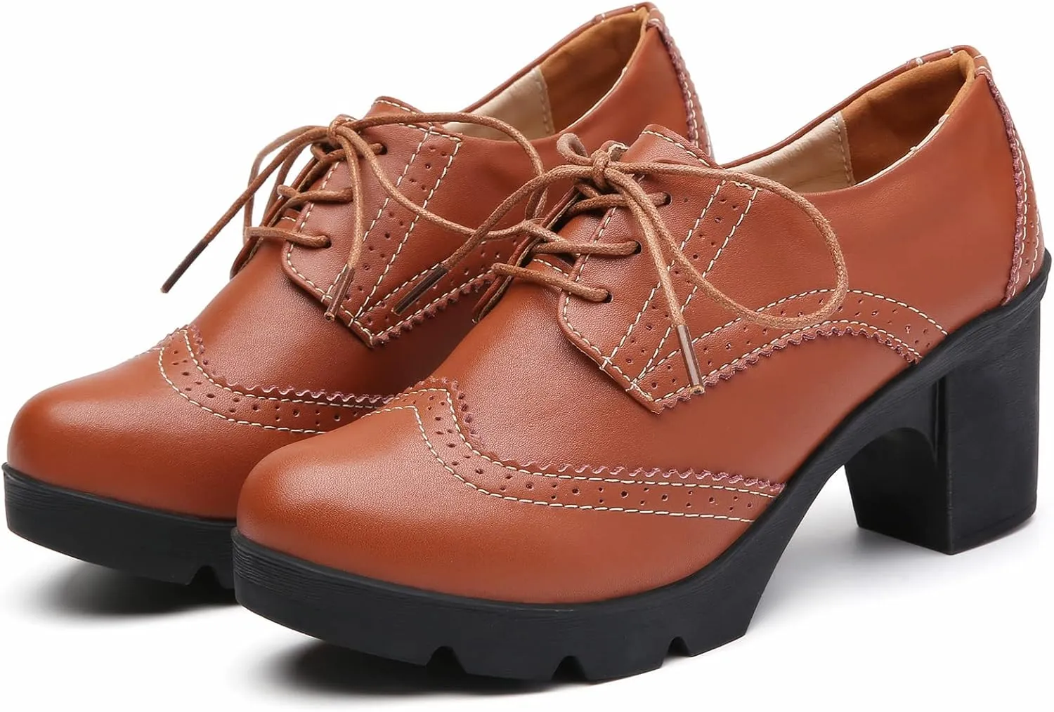 DADAWEN Women's Leather Classic Lace Up Platform Chunky Mid-Heel Square Toe Oxfords Dress Pump Shoes