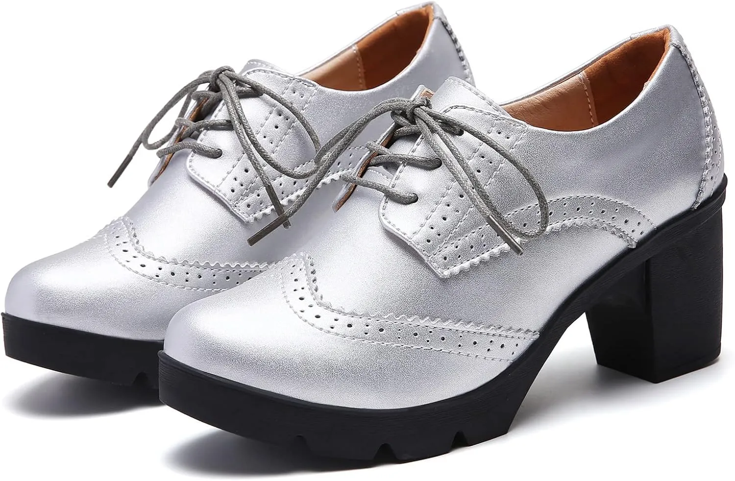 DADAWEN Women's Leather Classic Lace Up Platform Chunky Mid-Heel Square Toe Oxfords Dress Pump Shoes