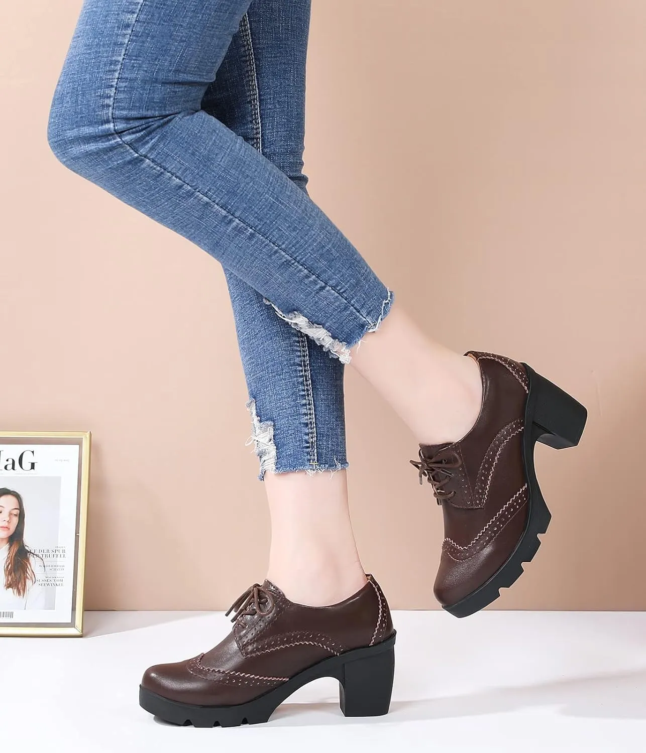DADAWEN Women's Leather Classic Lace Up Platform Chunky Mid-Heel Square Toe Oxfords Dress Pump Shoes