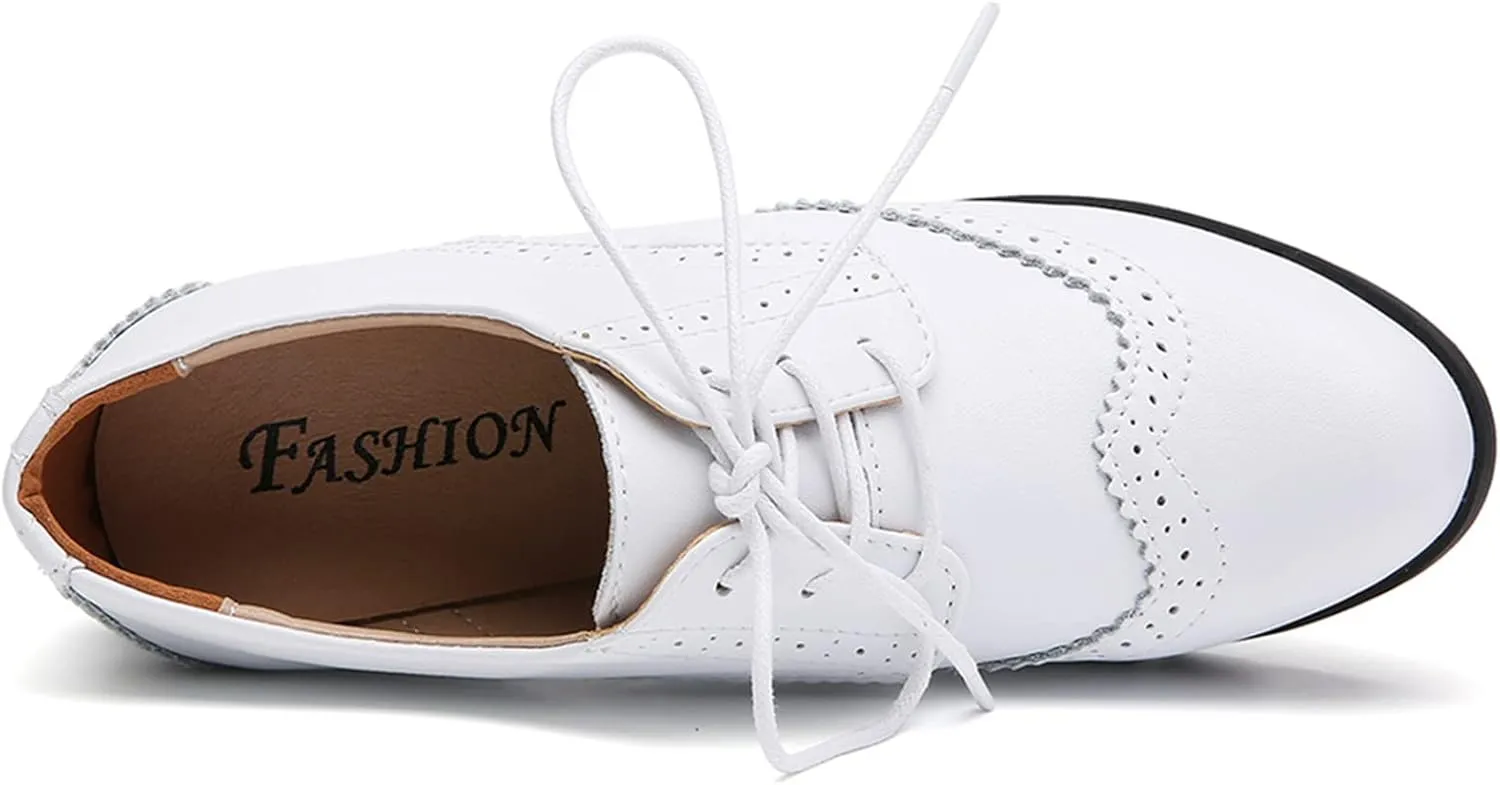 DADAWEN Women's Leather Classic Lace Up Platform Chunky Mid-Heel Square Toe Oxfords Dress Pump Shoes