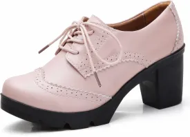 DADAWEN Women's Leather Classic Lace Up Platform Chunky Mid-Heel Square Toe Oxfords Dress Pump Shoes