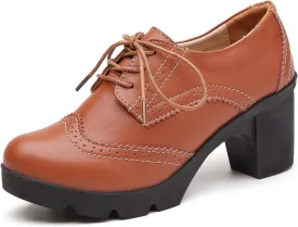 DADAWEN Women's Leather Classic Lace Up Platform Chunky Mid-Heel Square Toe Oxfords Dress Pump Shoes