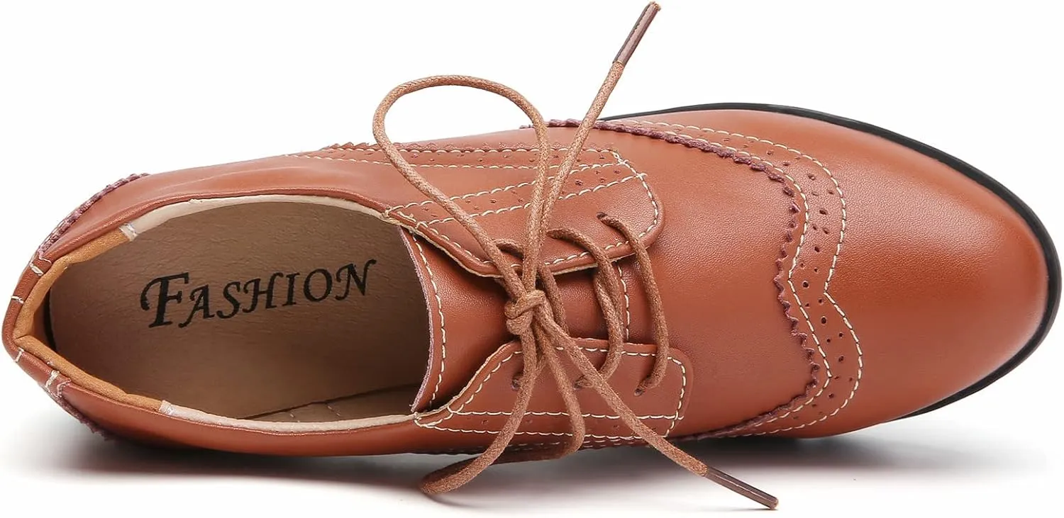 DADAWEN Women's Leather Classic Lace Up Platform Chunky Mid-Heel Square Toe Oxfords Dress Pump Shoes