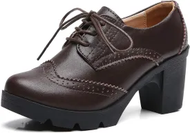 DADAWEN Women's Leather Classic Lace Up Platform Chunky Mid-Heel Square Toe Oxfords Dress Pump Shoes
