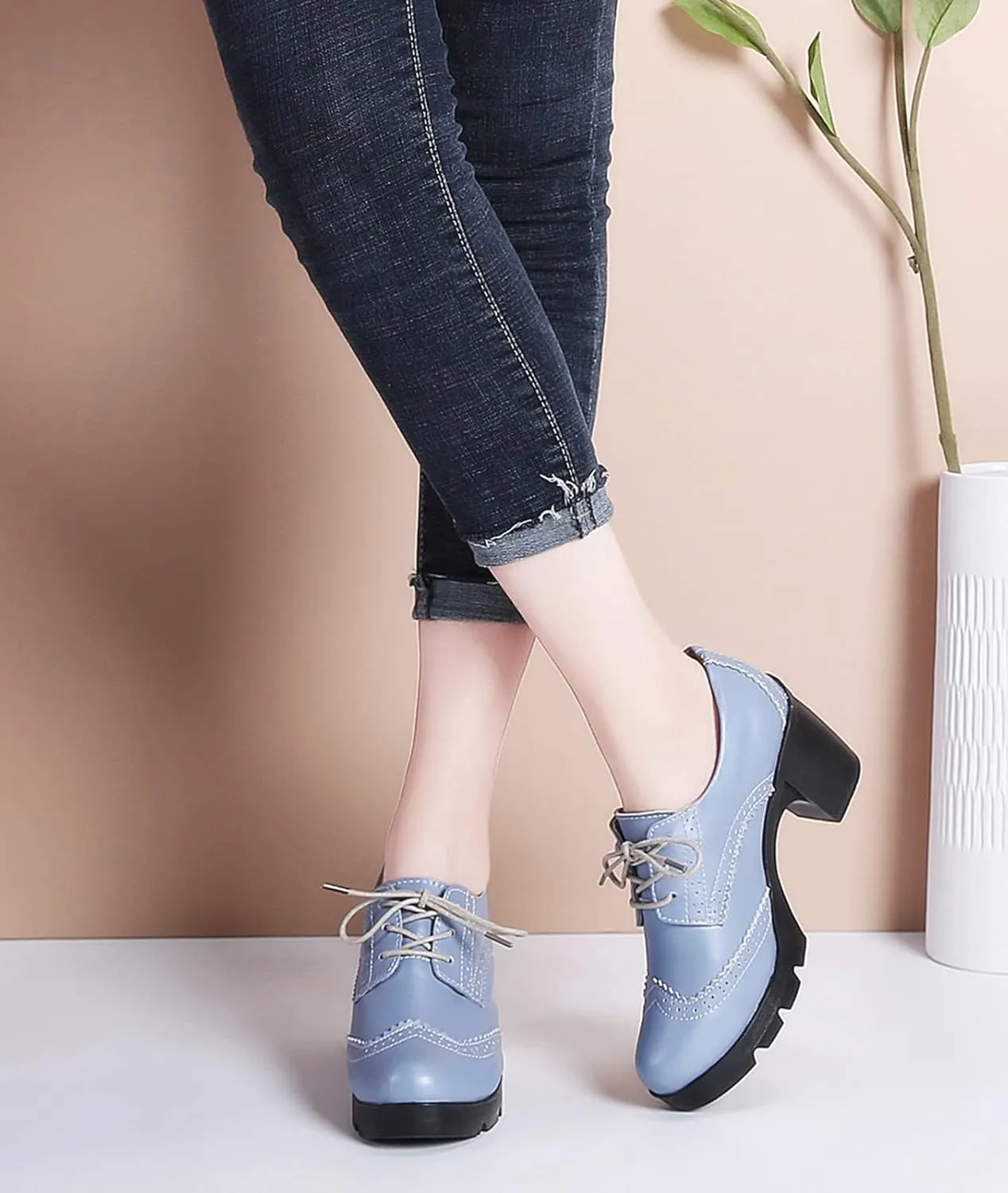 DADAWEN Women's Leather Classic Lace Up Platform Chunky Mid-Heel Square Toe Oxfords Dress Pump Shoes