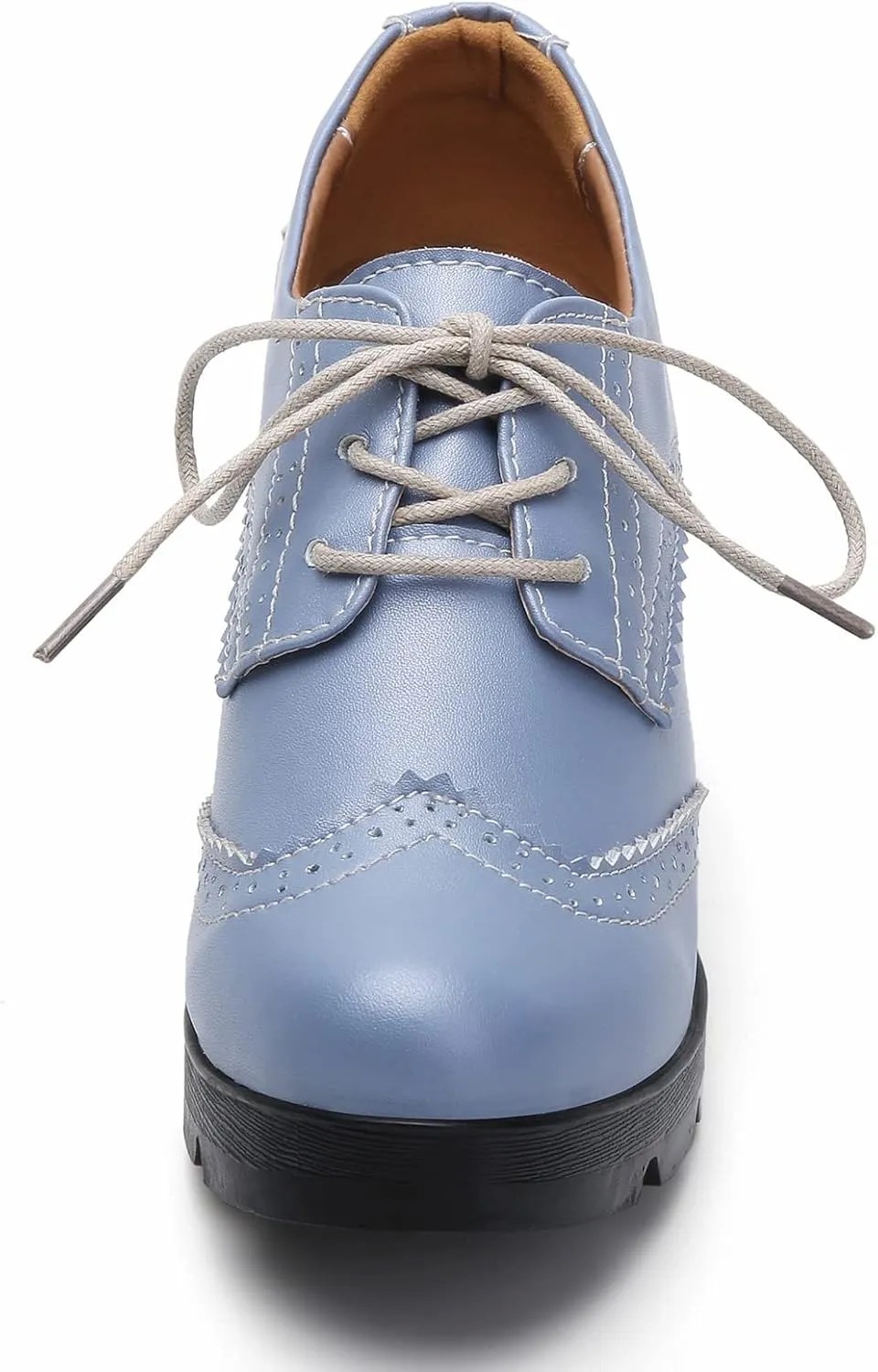 DADAWEN Women's Leather Classic Lace Up Platform Chunky Mid-Heel Square Toe Oxfords Dress Pump Shoes