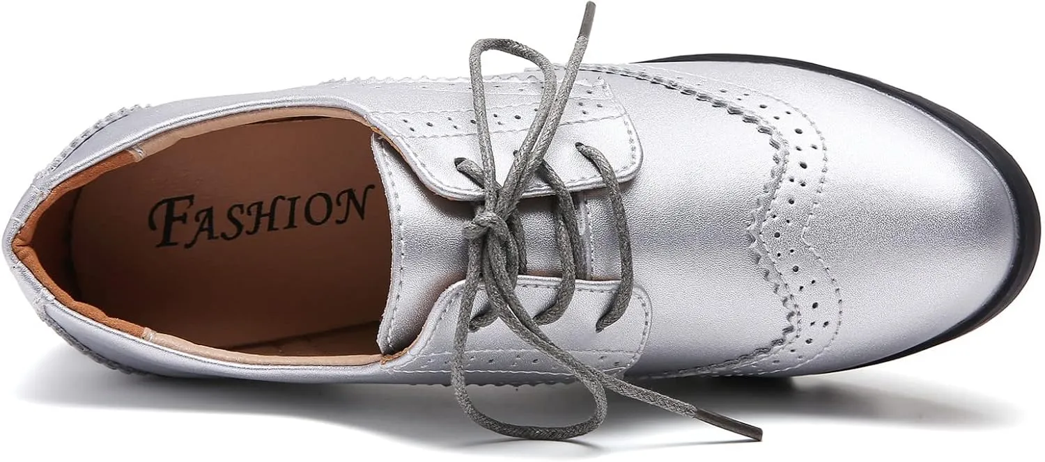 DADAWEN Women's Leather Classic Lace Up Platform Chunky Mid-Heel Square Toe Oxfords Dress Pump Shoes