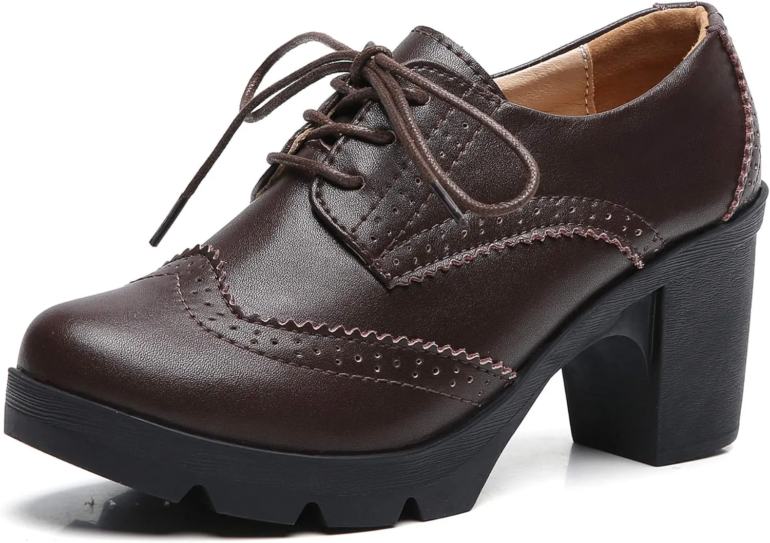 DADAWEN Women's Leather Classic Lace Up Platform Chunky Mid-Heel Square Toe Oxfords Dress Pump Shoes