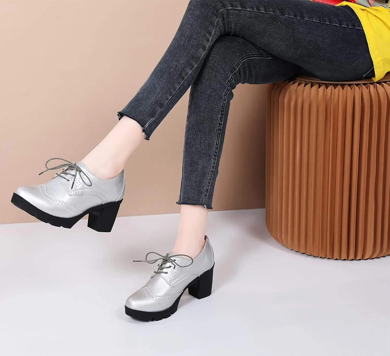 DADAWEN Women's Leather Classic Lace Up Platform Chunky Mid-Heel Square Toe Oxfords Dress Pump Shoes