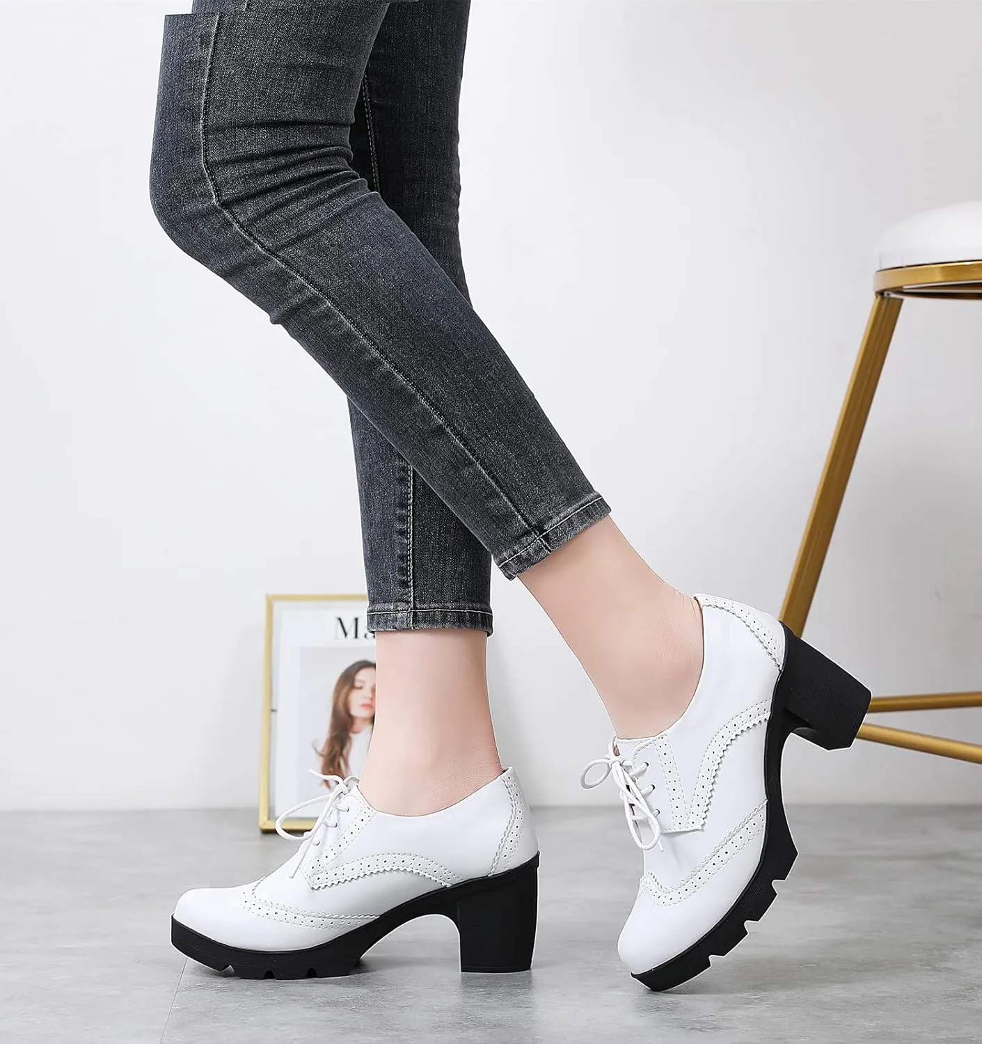 DADAWEN Women's Leather Classic Lace Up Platform Chunky Mid-Heel Square Toe Oxfords Dress Pump Shoes