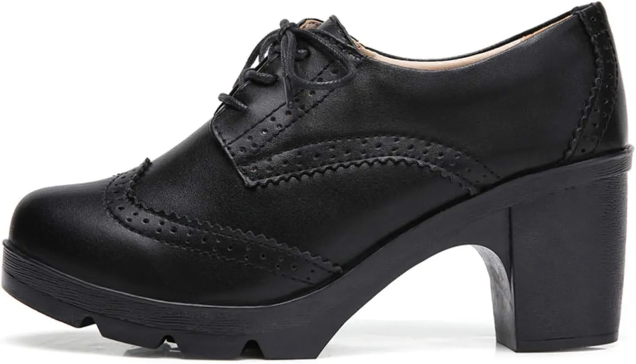 DADAWEN Women's Leather Classic Lace Up Platform Chunky Mid-Heel Square Toe Oxfords Dress Pump Shoes