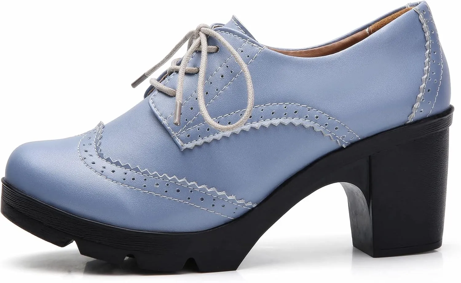 DADAWEN Women's Leather Classic Lace Up Platform Chunky Mid-Heel Square Toe Oxfords Dress Pump Shoes