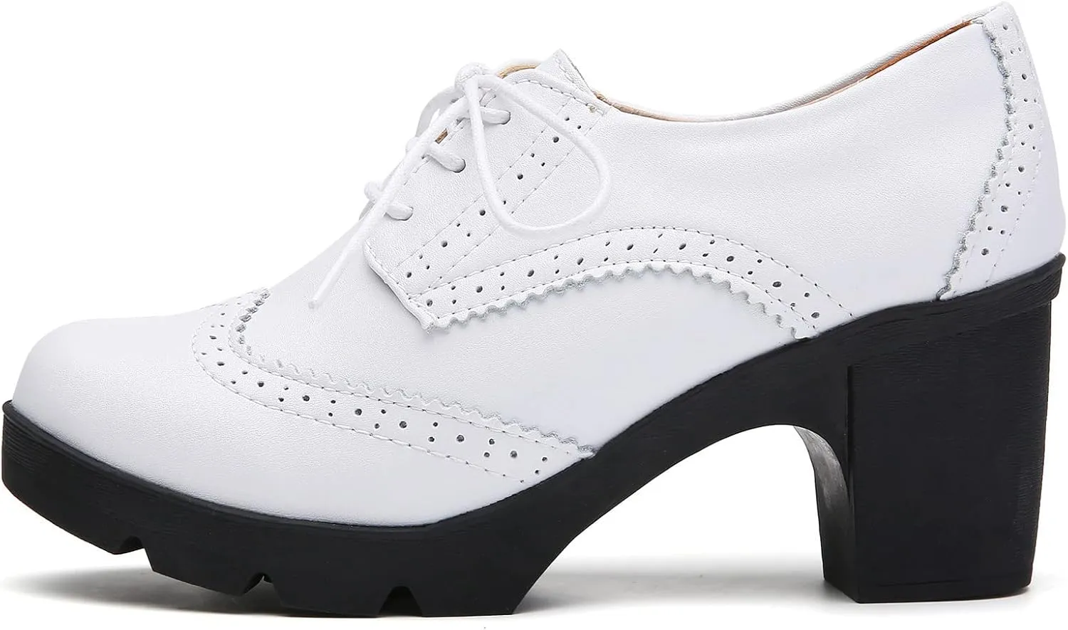 DADAWEN Women's Leather Classic Lace Up Platform Chunky Mid-Heel Square Toe Oxfords Dress Pump Shoes