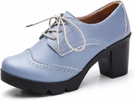 DADAWEN Women's Leather Classic Lace Up Platform Chunky Mid-Heel Square Toe Oxfords Dress Pump Shoes