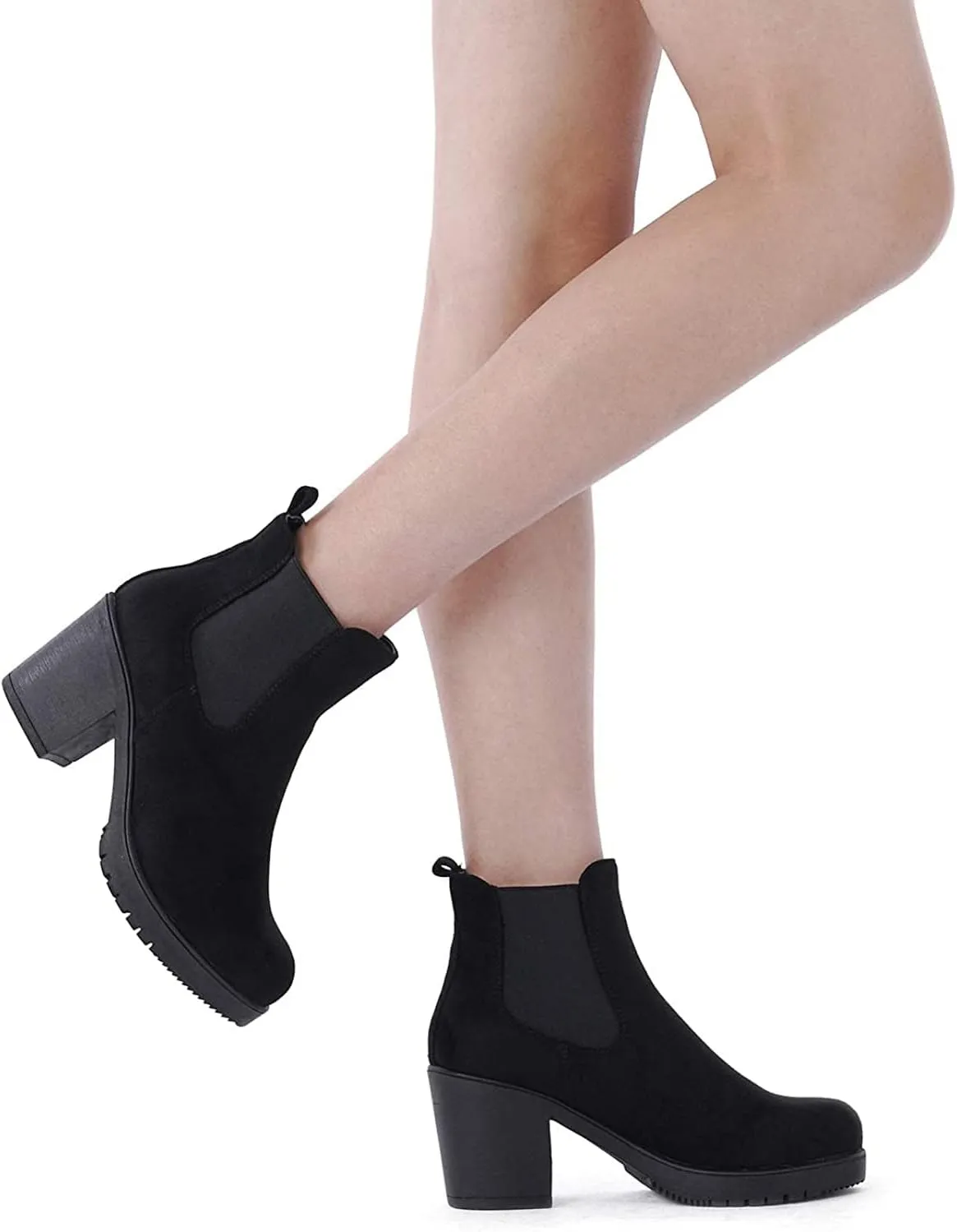 DREAM PAIRS Women's High Chunky Heel Chelsea Ankle Boots Slip On Elastic Fall Heeld Booties Shoes