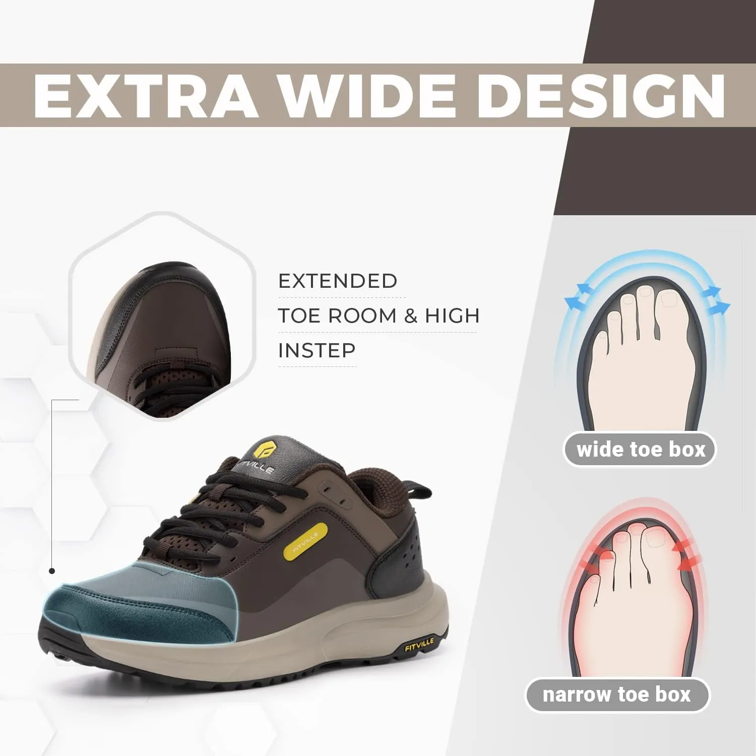 FitVille Men's Extra Wide Hiking Shoes Outdoor Walking Shoes Low-top Waterproof Work Shoes Soft Toe with Arch Support for Heel Pain Relief - Rugged Core
