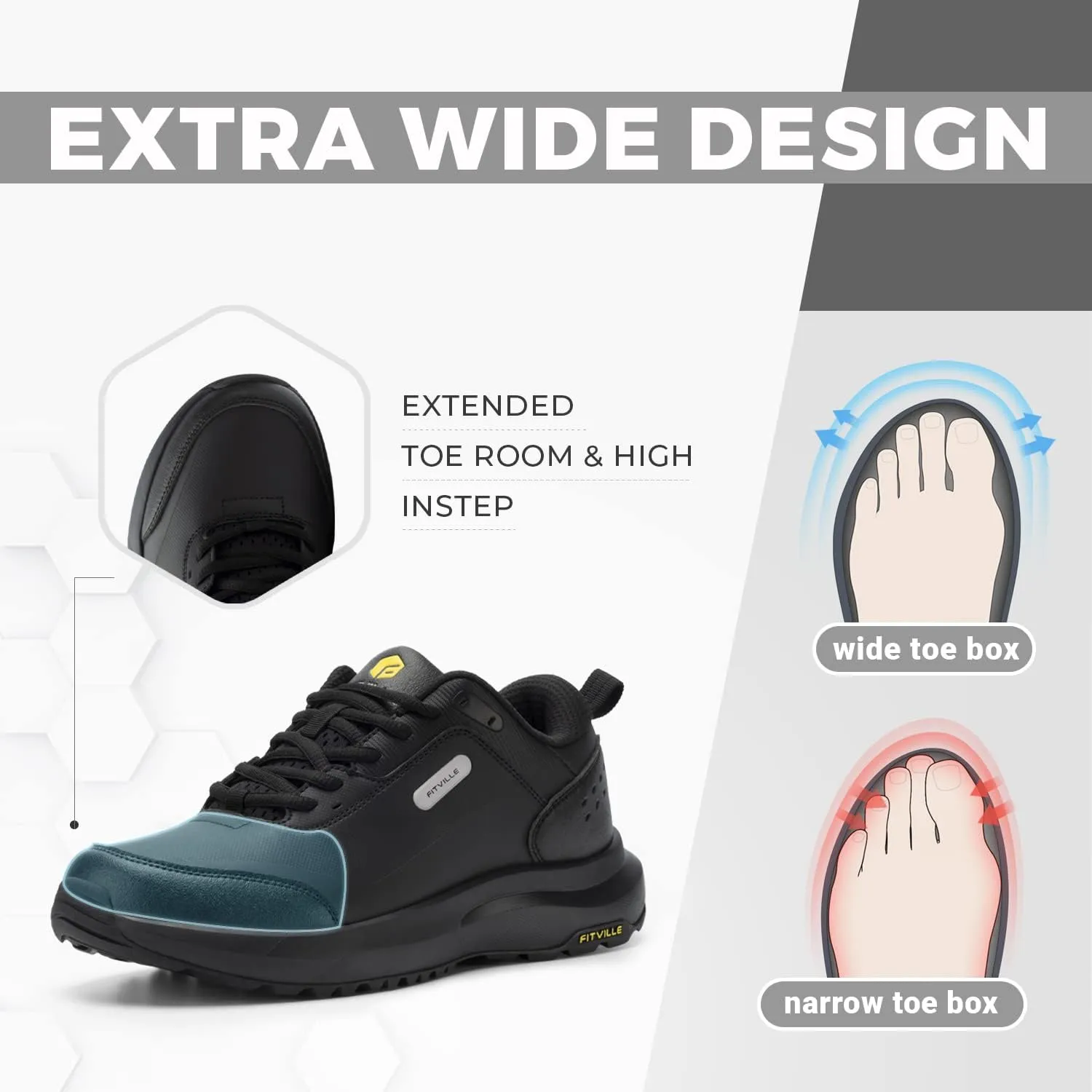 FitVille Men's Extra Wide Hiking Shoes Outdoor Walking Shoes Low-top Waterproof Work Shoes Soft Toe with Arch Support for Heel Pain Relief - Rugged Core