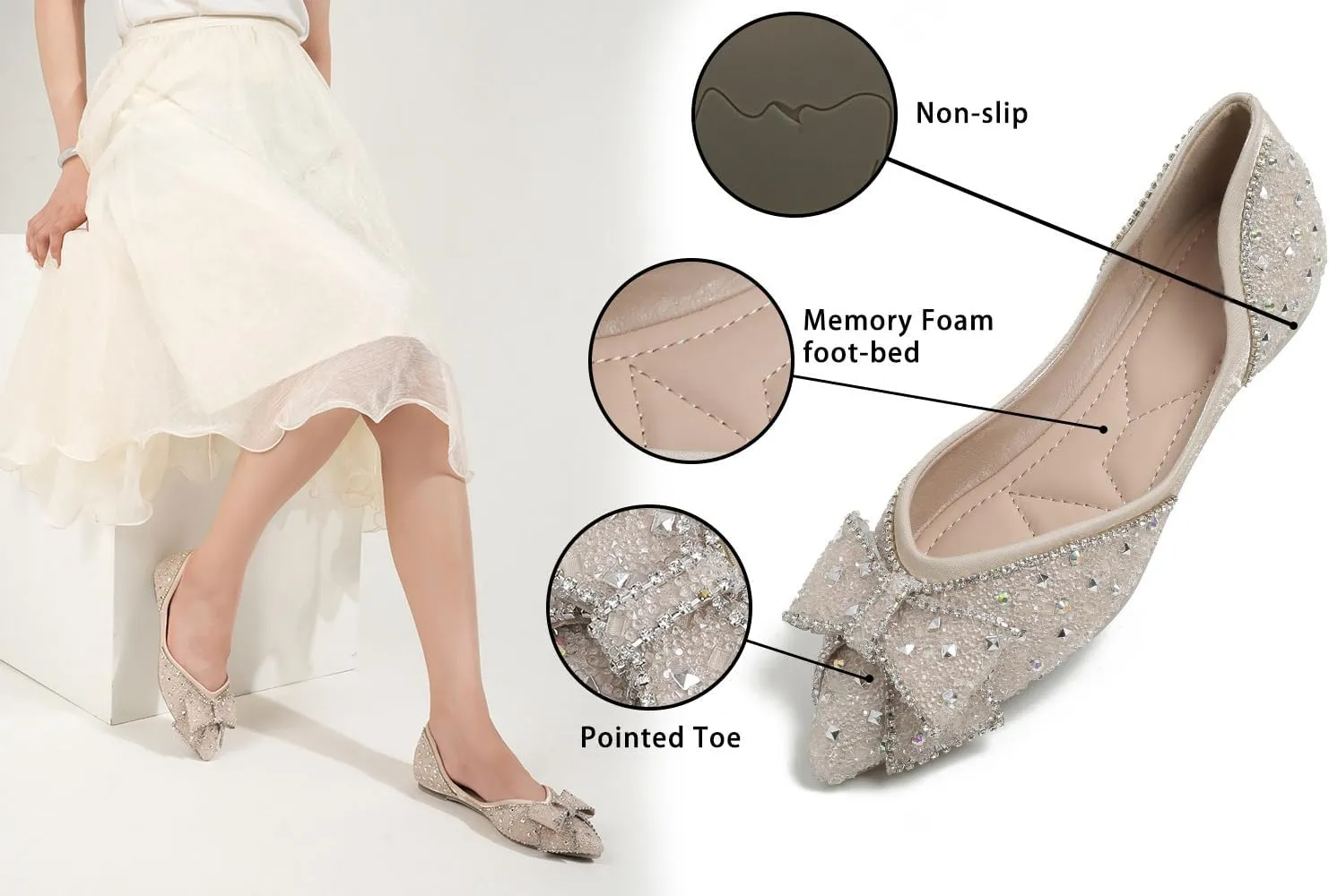 Flats Shoes Women Rhinestone Wedding Flats Comfort Pointed Toe Ballet Flat Shoe Low Heel Dress Shoes Sparkly Flats for Women