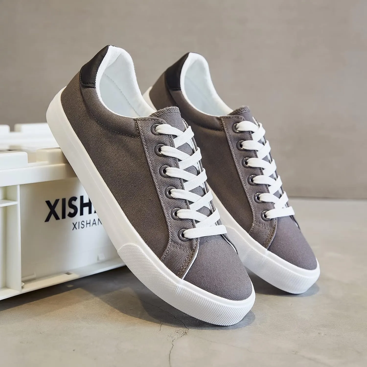 FRACORA Mens Canvas Shoes White Black Sneakers Low Top Lace Up Casual Shoes