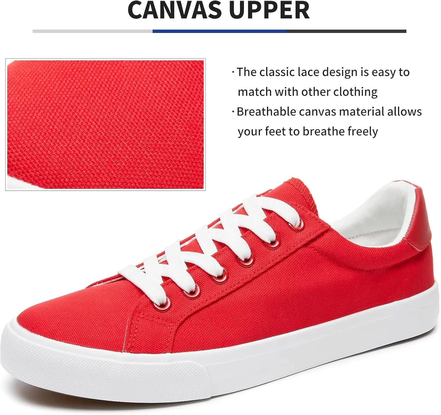 FRACORA Mens Canvas Shoes White Black Sneakers Low Top Lace Up Casual Shoes