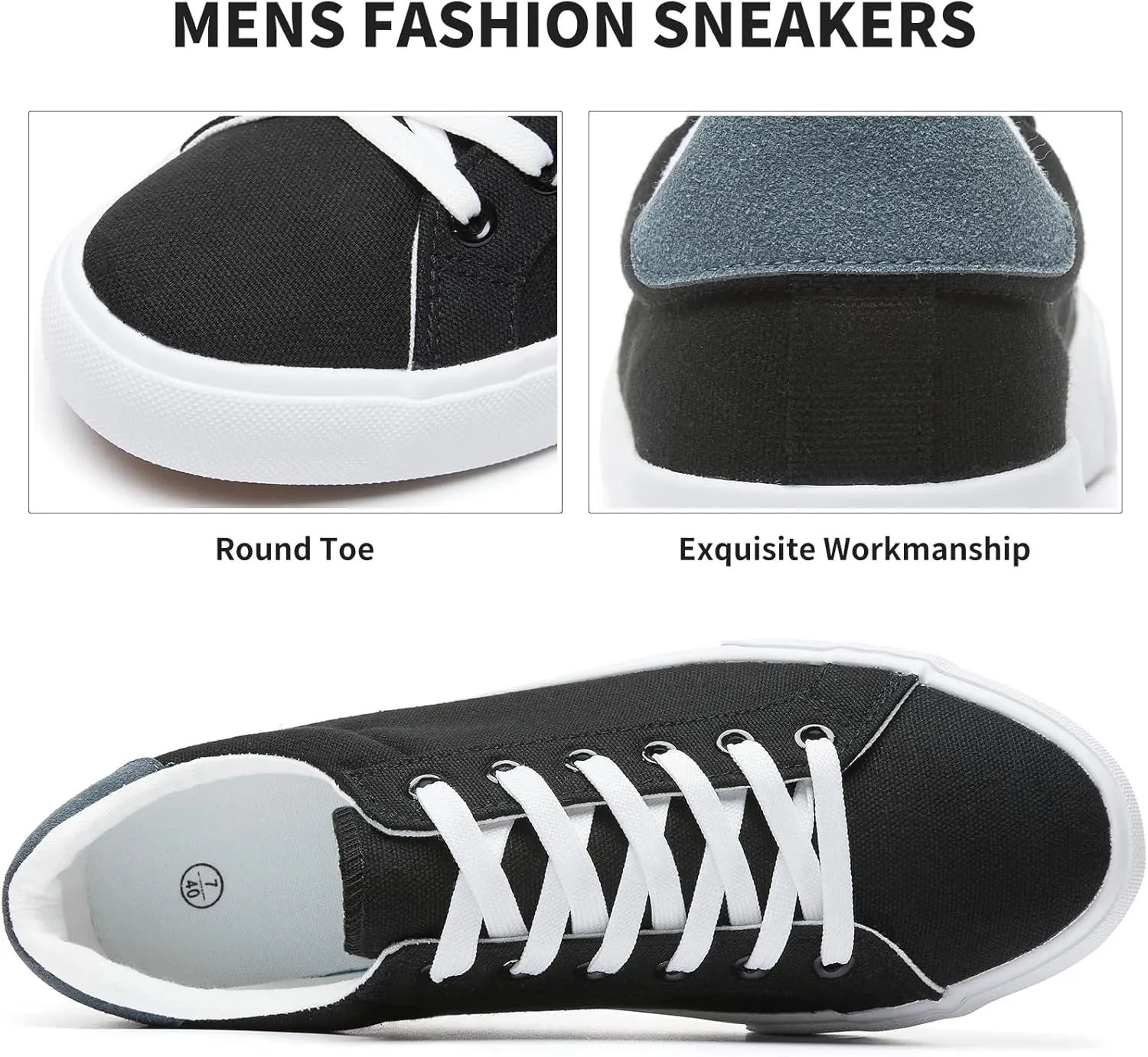 FRACORA Mens Canvas Shoes White Black Sneakers Low Top Lace Up Casual Shoes