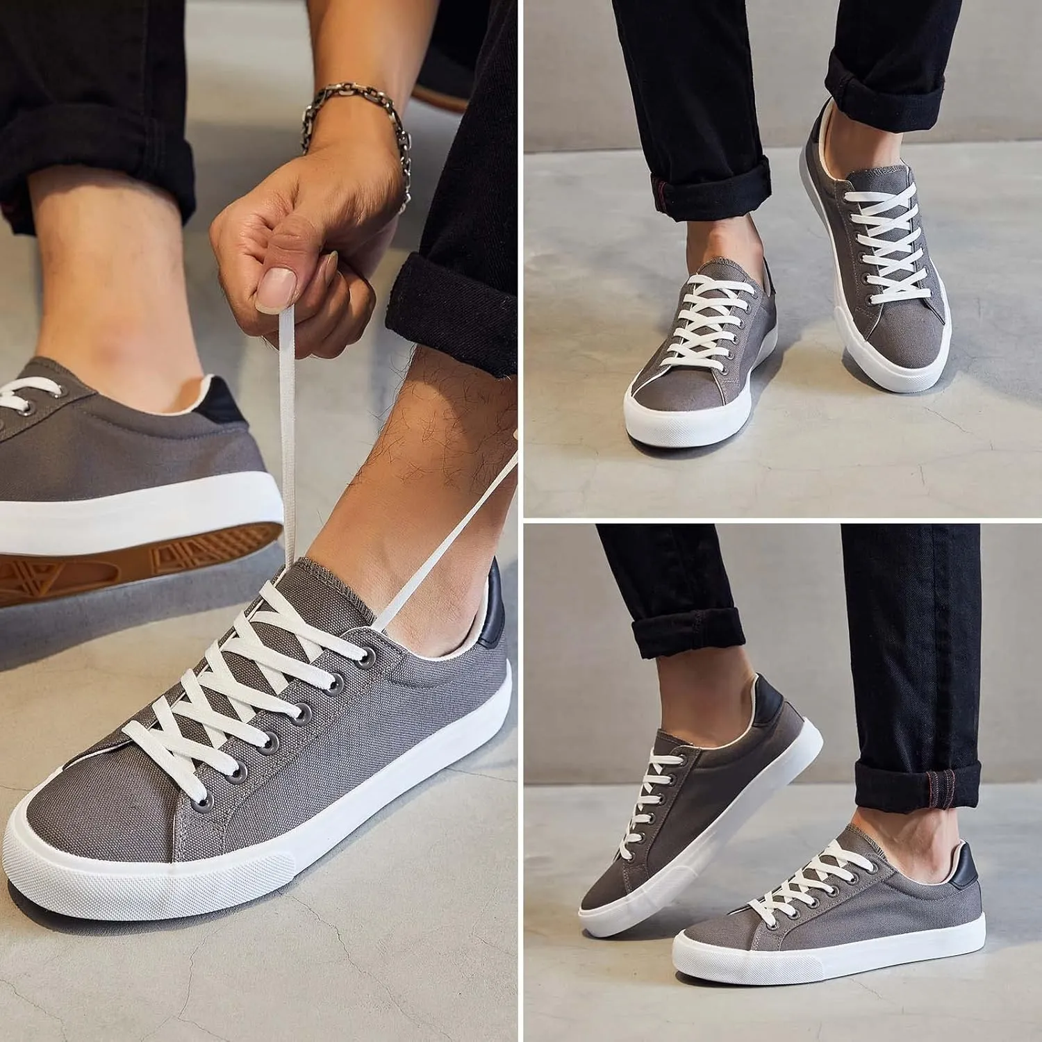 FRACORA Mens Canvas Shoes White Black Sneakers Low Top Lace Up Casual Shoes