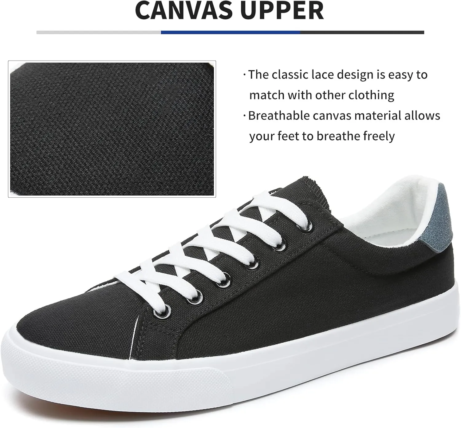 FRACORA Mens Canvas Shoes White Black Sneakers Low Top Lace Up Casual Shoes