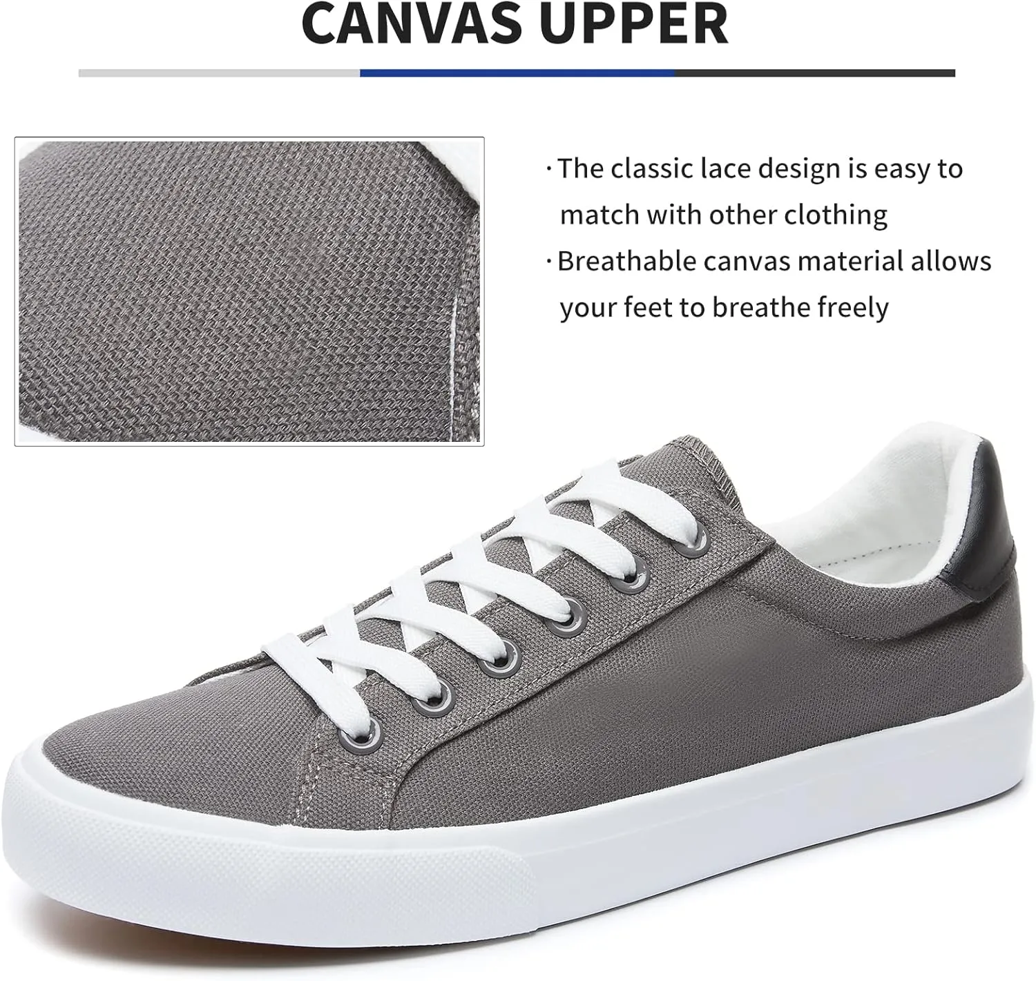 FRACORA Mens Canvas Shoes White Black Sneakers Low Top Lace Up Casual Shoes
