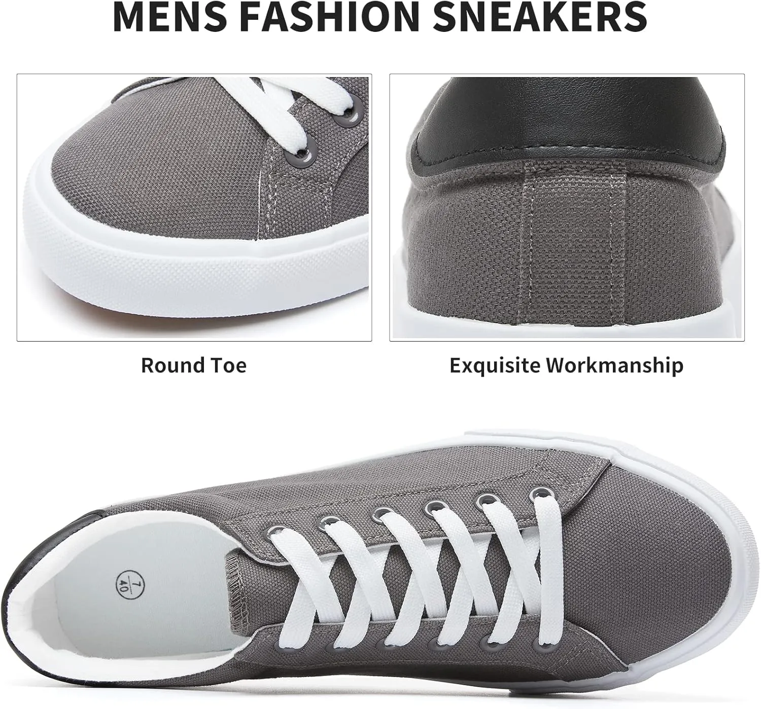 FRACORA Mens Canvas Shoes White Black Sneakers Low Top Lace Up Casual Shoes